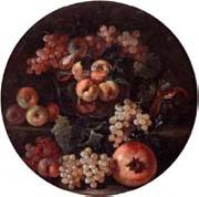 unknow artist A still life of peaches and plums in a glass bowl,grapes,a melon and a pomegranate oil painting